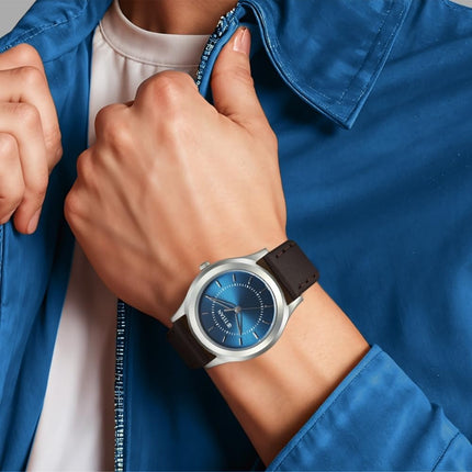 Titan Karishma Zing Quartz Analog Blue Dial Brown Leather Strap Watch for Men - 1648SL01 