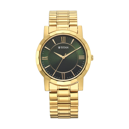 Titan Karishma Zing Quartz Analog Green Dial Gold Stainless Steel Strap Watch for Men - NT1644YM05 