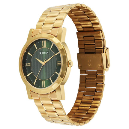 Titan Karishma Zing Quartz Analog Green Dial Gold Stainless Steel Strap Watch for Men - NT1644YM05 