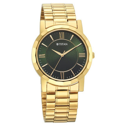 Titan Karishma Zing Quartz Analog Green Dial Gold Stainless Steel Strap Watch for Men - NT1644YM05 