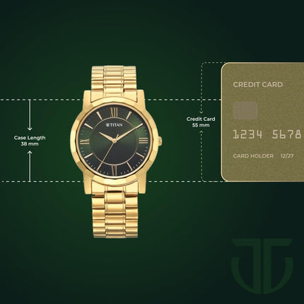 Titan Karishma Zing Quartz Analog Green Dial Gold Stainless Steel Strap Watch for Men - NT1644YM05 