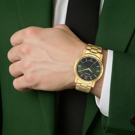 Titan Karishma Zing Quartz Analog Green Dial Gold Stainless Steel Strap Watch for Men - NT1644YM05 