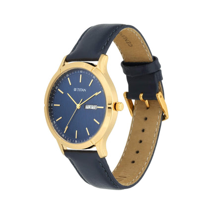 Titan Lagan Blue Dial Analog with Day and Date Leather Strap Watch for Men-NS1775YL02 