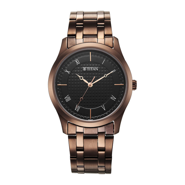 Titan Men Stainless Steel Analog Black Dial Casual Watch, Band Color-Brown 