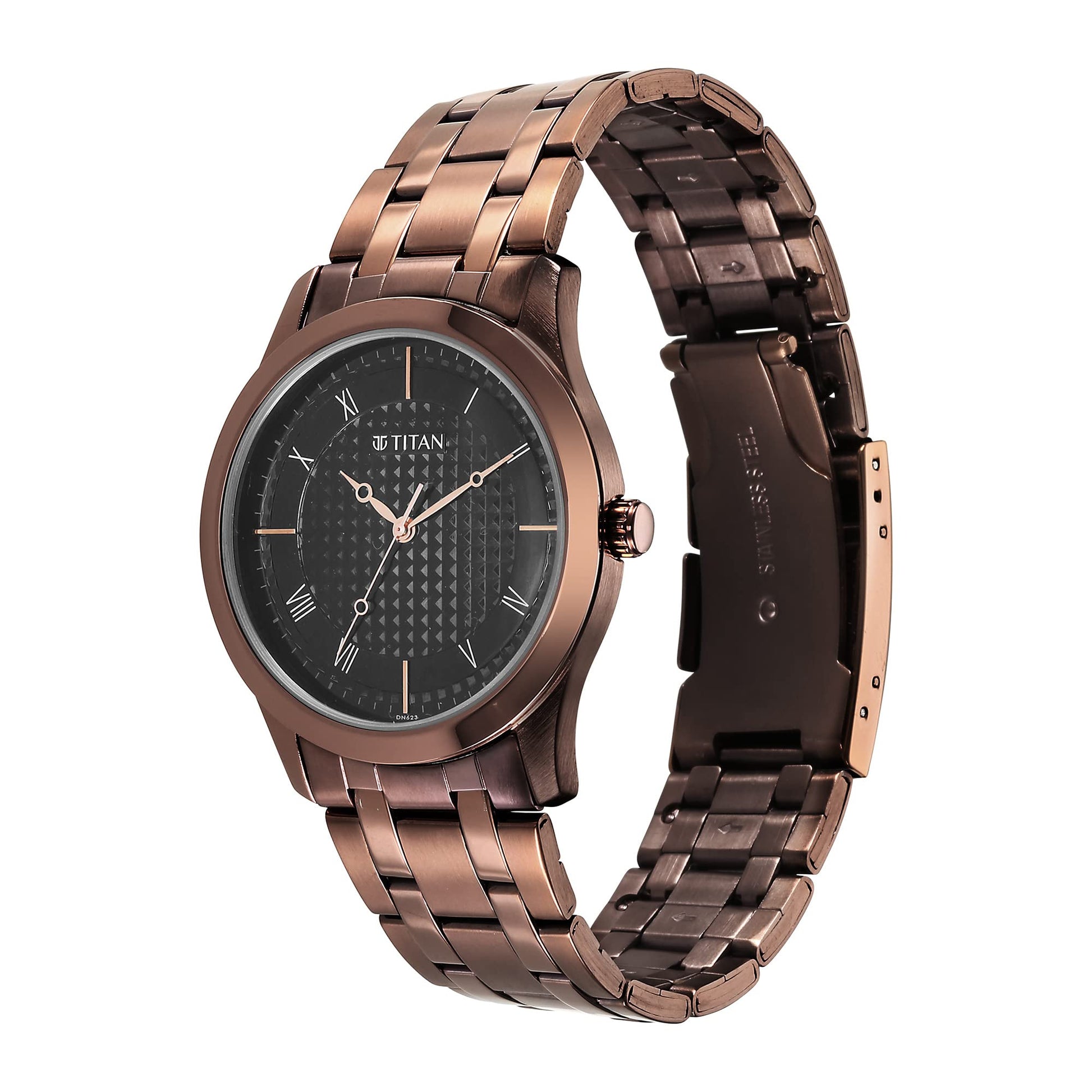 Titan Men Stainless Steel Analog Black Dial Casual Watch, Band Color-Brown 