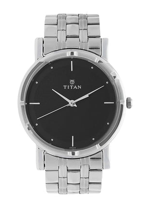 Titan Men's Elegance Stainless Steel Analog Watch: Black Dial with Sleek Link Strap-NN1639SM02 