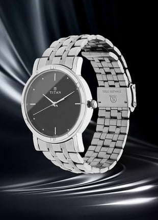 Titan Men's Elegance Stainless Steel Analog Watch: Black Dial with Sleek Link Strap-NN1639SM02 