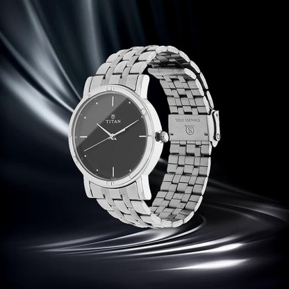 Titan Men's Elegance Stainless Steel Analog Watch: Black Dial with Sleek Link Strap-NN1639SM02 