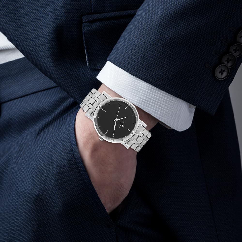 Titan Men's Elegance Stainless Steel Analog Watch: Black Dial with Sleek Link Strap-NN1639SM02 