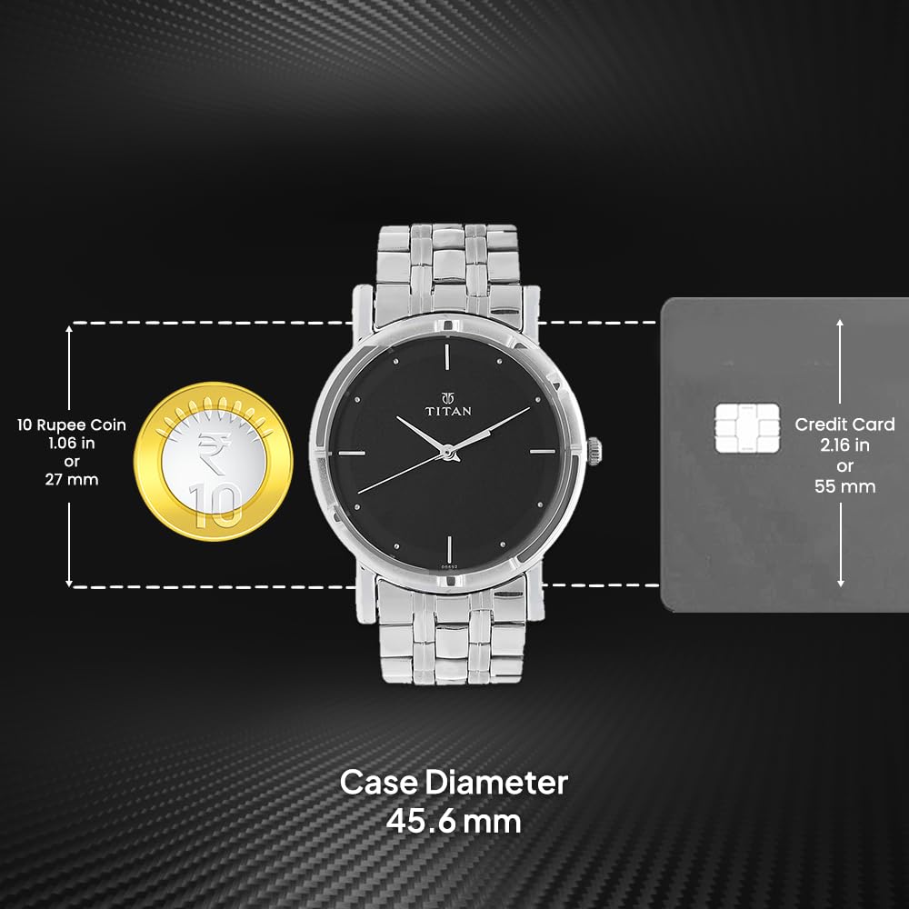 Titan Men's Elegance Stainless Steel Analog Watch: Black Dial with Sleek Link Strap-NN1639SM02 