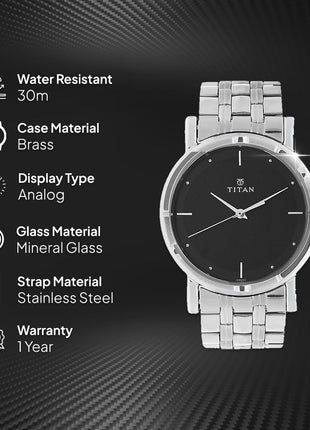 Titan Men's Elegance Stainless Steel Analog Watch: Black Dial with Sleek Link Strap-NN1639SM02 