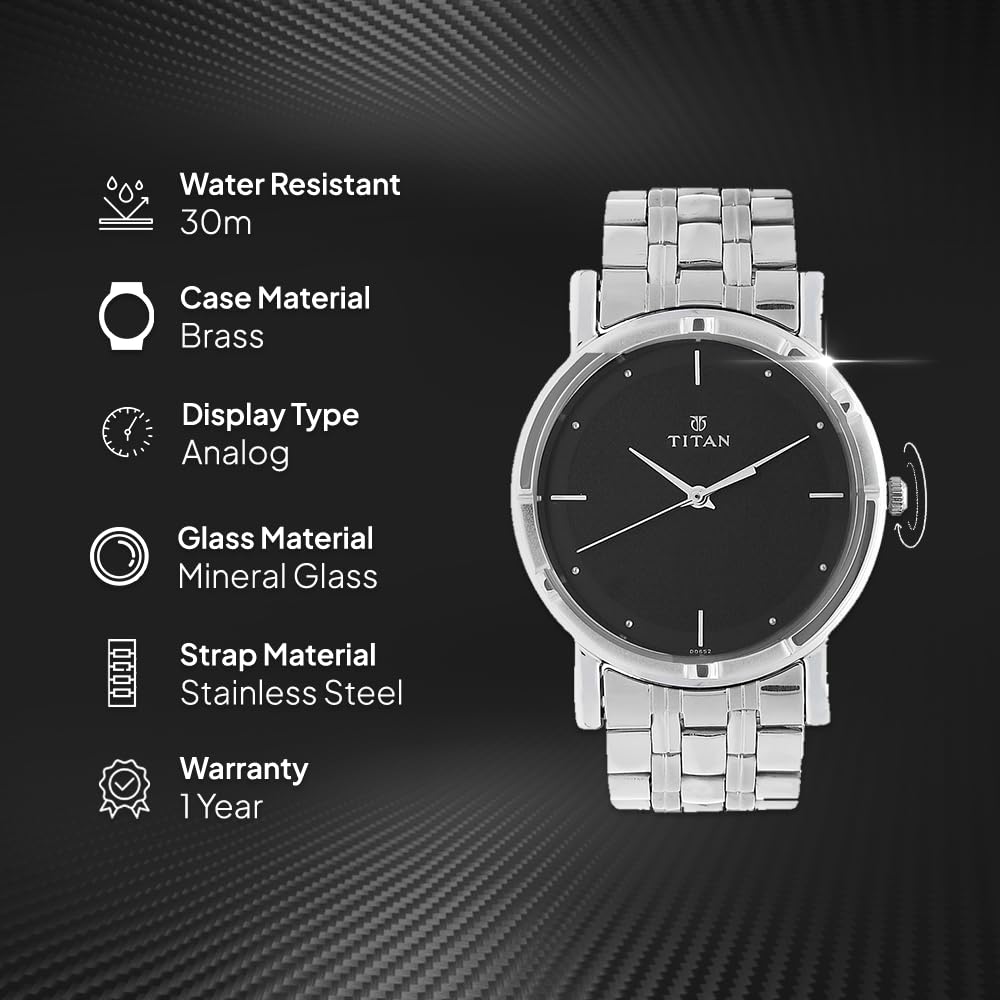 Titan Men's Elegance Stainless Steel Analog Watch: Black Dial with Sleek Link Strap-NN1639SM02 