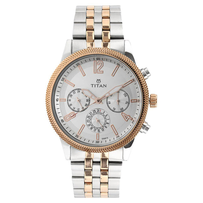 Titan Men's Metropolitan Luxe: Multifunction White Dial with Two-Tone Stainless Steel Bracelet Watch-NS1734KM02 