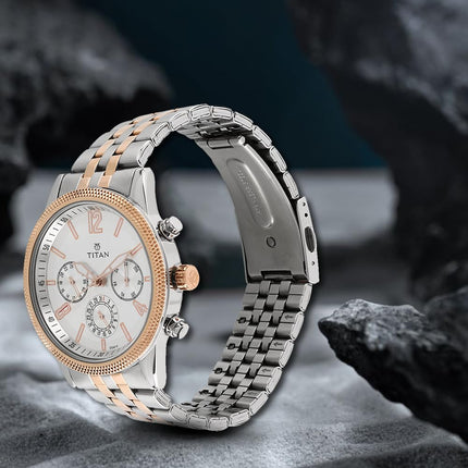 Titan Men's Metropolitan Luxe: Multifunction White Dial with Two-Tone Stainless Steel Bracelet Watch-NS1734KM02 