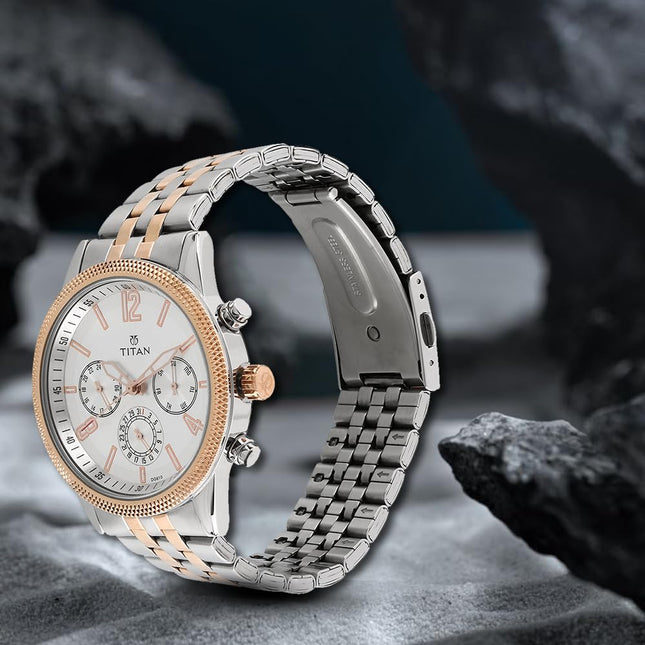 Titan Men's Metropolitan Luxe: Multifunction White Dial with Two-Tone Stainless Steel Bracelet Watch-NS1734KM02 