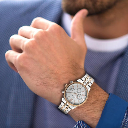 Titan Men's Metropolitan Luxe: Multifunction White Dial with Two-Tone Stainless Steel Bracelet Watch-NS1734KM02 