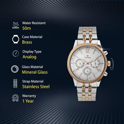 Titan Men's Metropolitan Luxe: Multifunction White Dial with Two-Tone Stainless Steel Bracelet Watch-NS1734KM02 