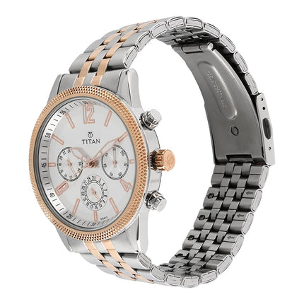 Titan Men's Metropolitan Luxe: Multifunction White Dial with Two-Tone Stainless Steel Bracelet Watch-NS1734KM02 