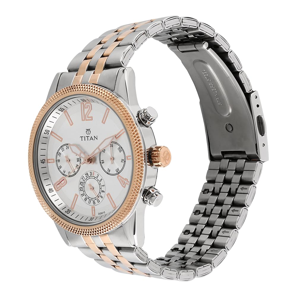 Titan Men's Metropolitan Luxe: Multifunction White Dial with Two-Tone Stainless Steel Bracelet Watch-NS1734KM02 