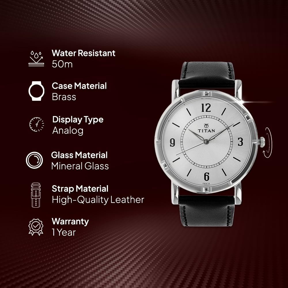 Titan Quartz Analog Silver Dial Leather Strap Watch for Men-NN1639SL03 