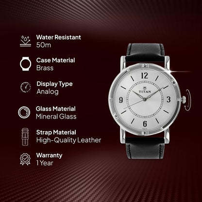 Titan Quartz Analog Silver Dial Leather Strap Watch for Men-NN1639SL03 