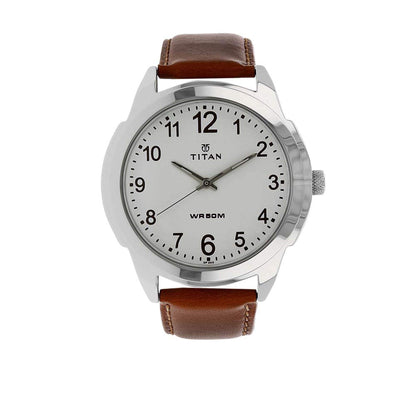 Titan Quartz Analog White Dial Leather Strap Watch for Men-NS1585SL07 