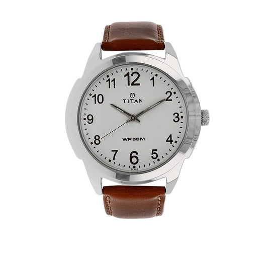 Titan Quartz Analog White Dial Leather Strap Watch for Men-NS1585SL07 