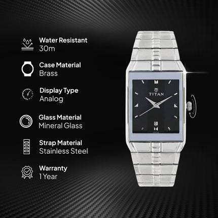 Titan Quartz Analog with Date Black Dial Stainless Steel Strap Watch for Men-NS9151SM02 