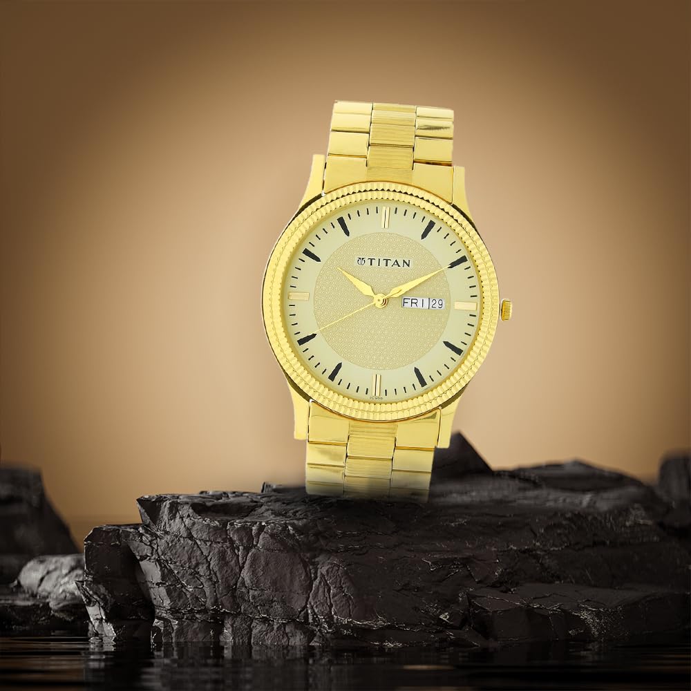 Titan Quartz Analog with Day and Date Golden Dial Stainless Steel Strap Watch for Men-NS1650YM04 
