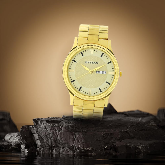 Titan Quartz Analog with Day and Date Golden Dial Stainless Steel Strap Watch for Men-NS1650YM04 