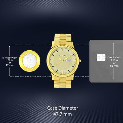 Titan Quartz Analog with Day and Date Golden Dial Stainless Steel Strap Watch for Men-NS1650YM04 