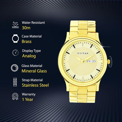 Titan Quartz Analog with Day and Date Golden Dial Stainless Steel Strap Watch for Men-NS1650YM04 