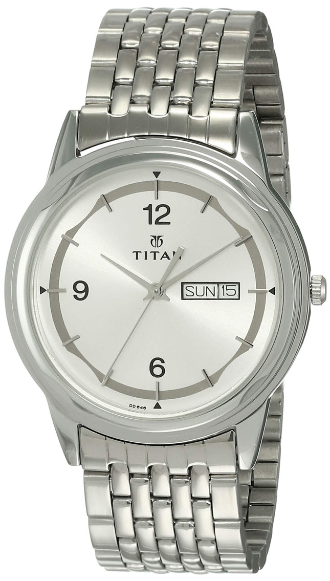Titan Quartz Analog with Day and Date Silver Dial Stainless Steel Strap Watch for Men-NK1638SM01 