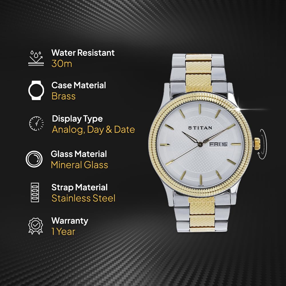 Titan Quartz Analog with Day and Date Silver Dial Stainless Steel Strap Watch for Men-NS1650BM03 