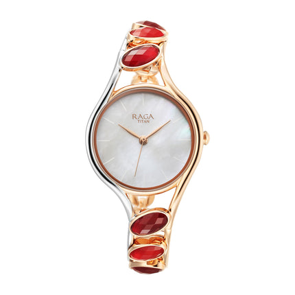 Titan Raga New You Quartz Analog Mother of Pearl Dial Garnet Stone bi-Metal Strap Watch for Women-NS95190KM01/NT95190KM01 