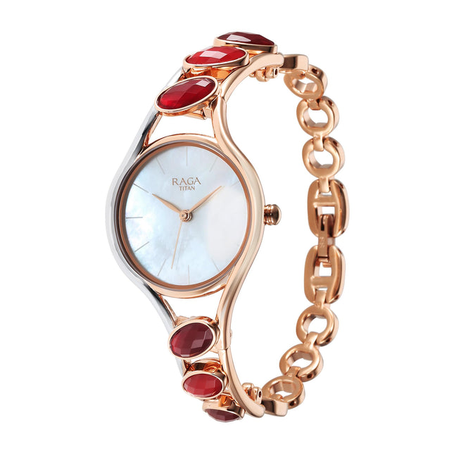 Titan Raga New You Quartz Analog Mother of Pearl Dial Garnet Stone bi-Metal Strap Watch for Women-NS95190KM01/NT95190KM01 