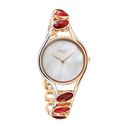 Titan Raga New You Quartz Analog Mother of Pearl Dial Garnet Stone bi-Metal Strap Watch for Women-NS95190KM01/NT95190KM01 