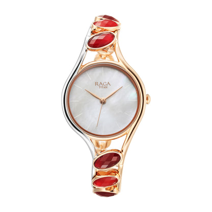 Titan Raga New You Quartz Analog Mother of Pearl Dial Garnet Stone bi-Metal Strap Watch for Women-NS95190KM01/NT95190KM01 