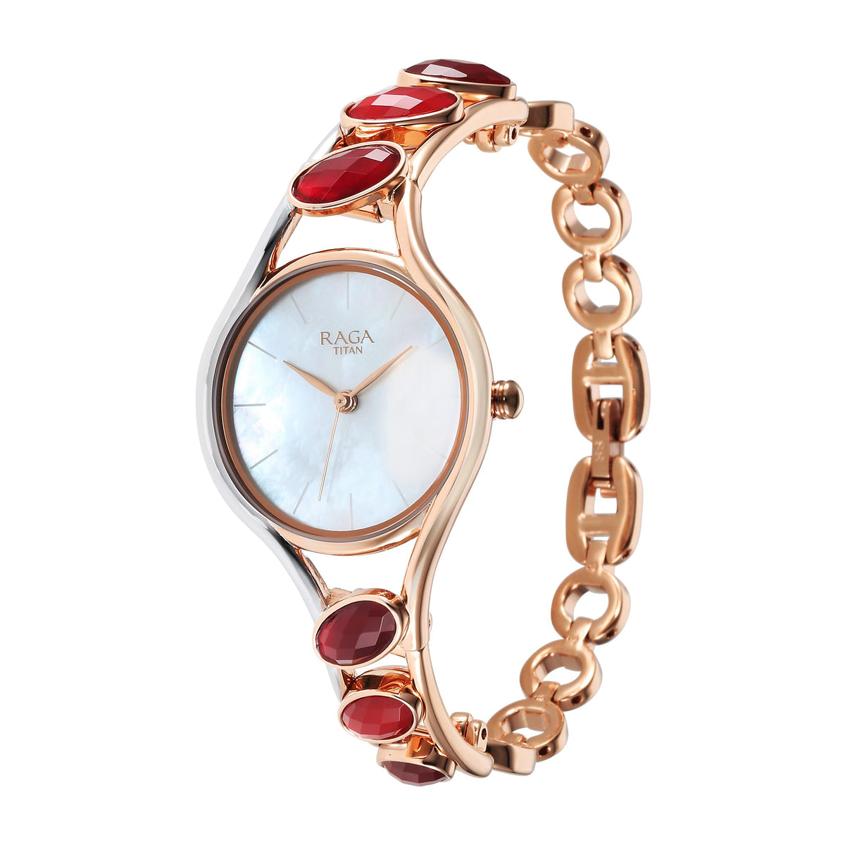 Titan Raga New You Quartz Analog Mother of Pearl Dial Garnet Stone bi-Metal Strap Watch for Women-NS95190KM01/NT95190KM01 