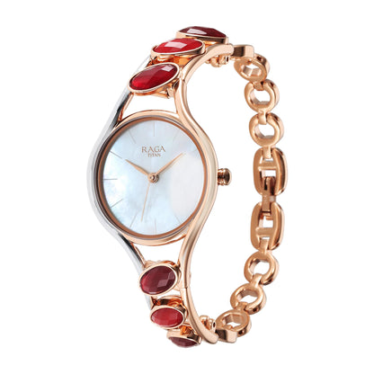 Titan Raga New You Quartz Analog Mother of Pearl Dial Garnet Stone bi-Metal Strap Watch for Women-NS95190KM01/NT95190KM01 