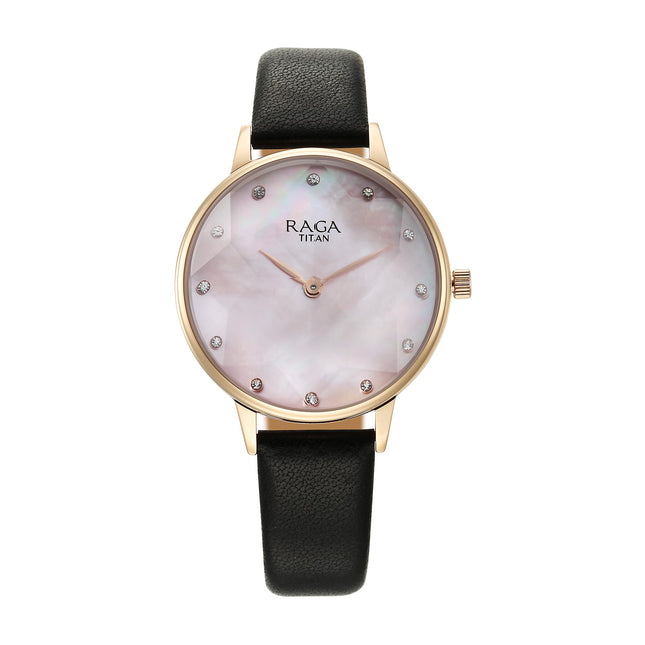 Titan Raga Showstopper Quartz Analog Mother of Pearl Dial Leather Strap Watch for Women-95274WL01/NT95274WL01 