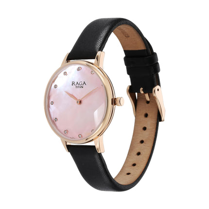 Titan Raga Showstopper Quartz Analog Mother of Pearl Dial Leather Strap Watch for Women-95274WL01/NT95274WL01 