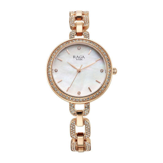 Titan Raga Showstopper Quartz Analog Mother of Pearl Dial Metal Strap Watch for Women-NS95272WM01 