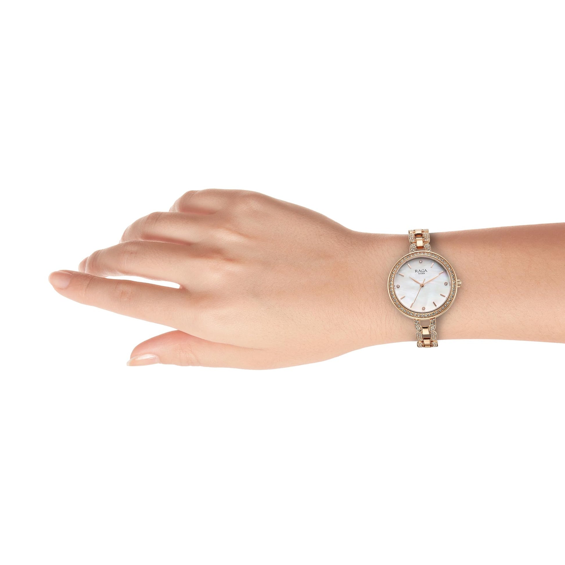 Titan Raga Showstopper Quartz Analog Mother of Pearl Dial Metal Strap Watch for Women-NS95272WM01 