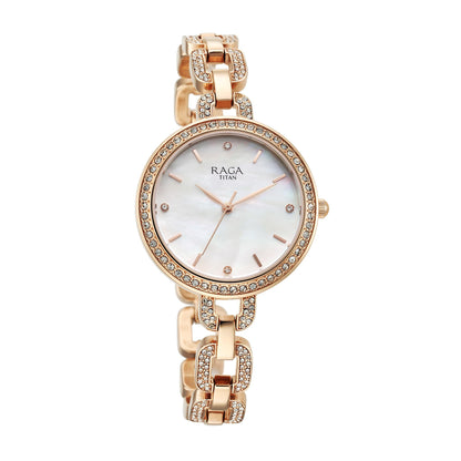 Titan Raga Showstopper Quartz Analog Mother of Pearl Dial Metal Strap Watch for Women-NS95272WM01 