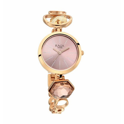 Titan Raga Women's Grace Analog Watch: Mother of Pearl Pink Dial & Rose Gold Band Ornate Bracelet Metal Watch-NS2606WM09 