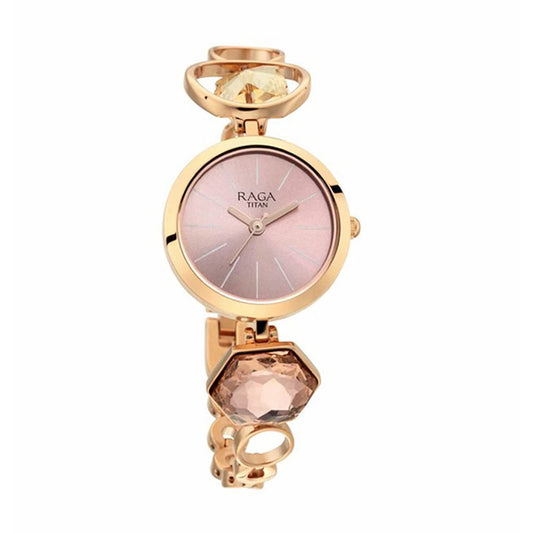 Titan Raga Women's Grace Analog Watch: Mother of Pearl Pink Dial & Rose Gold Band Ornate Bracelet Metal Watch-NS2606WM09 