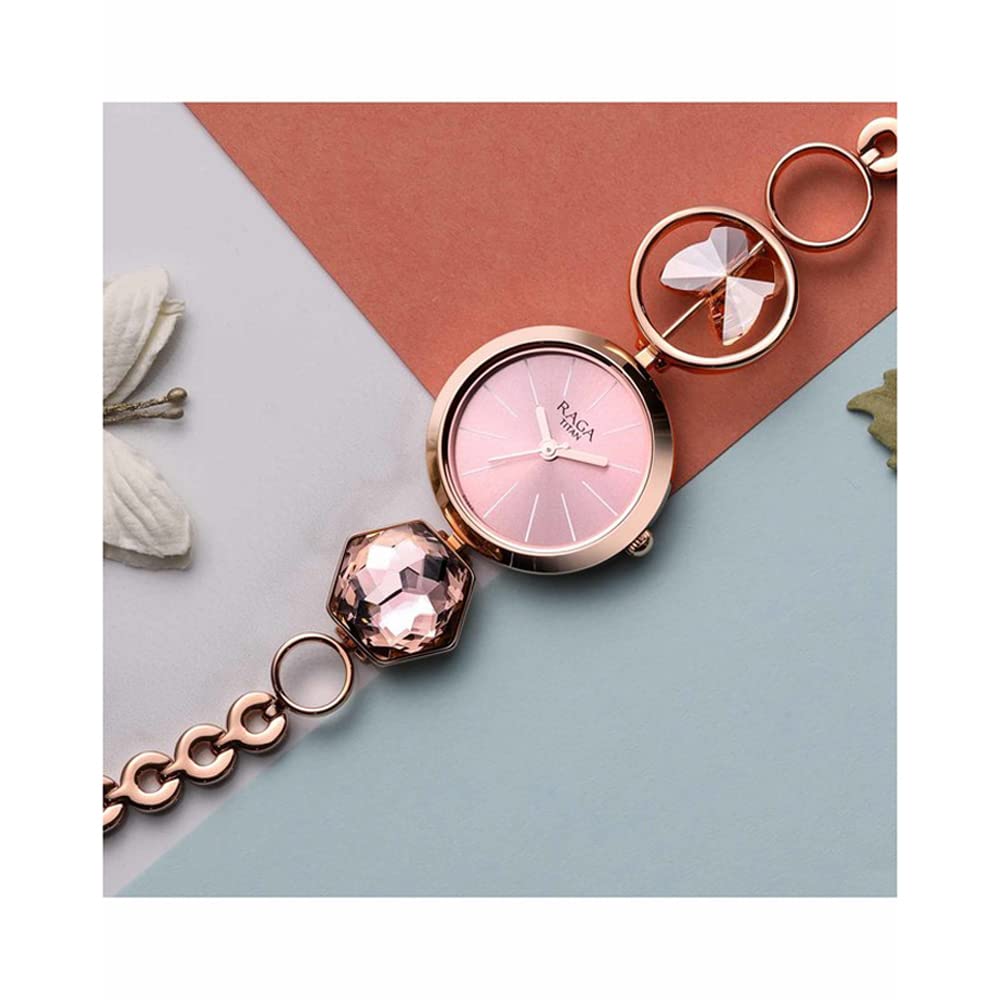 Titan Raga Women's Grace Analog Watch: Mother of Pearl Pink Dial & Rose Gold Band Ornate Bracelet Metal Watch-NS2606WM09 