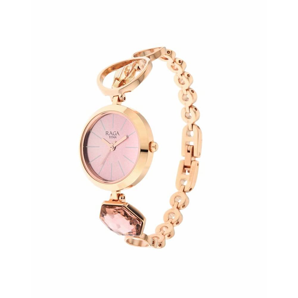 Titan Raga Women's Grace Analog Watch: Mother of Pearl Pink Dial & Rose Gold Band Ornate Bracelet Metal Watch-NS2606WM09 