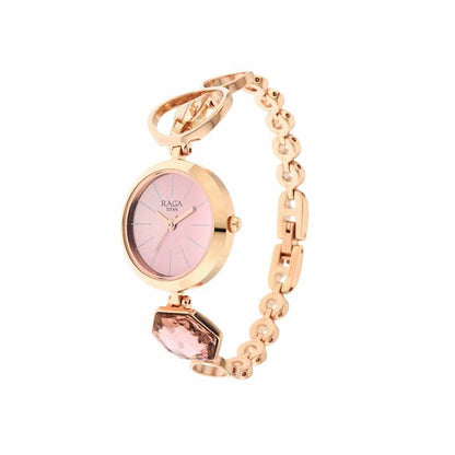 Titan Raga Women's Grace Analog Watch: Mother of Pearl Pink Dial & Rose Gold Band Ornate Bracelet Metal Watch-NS2606WM09 